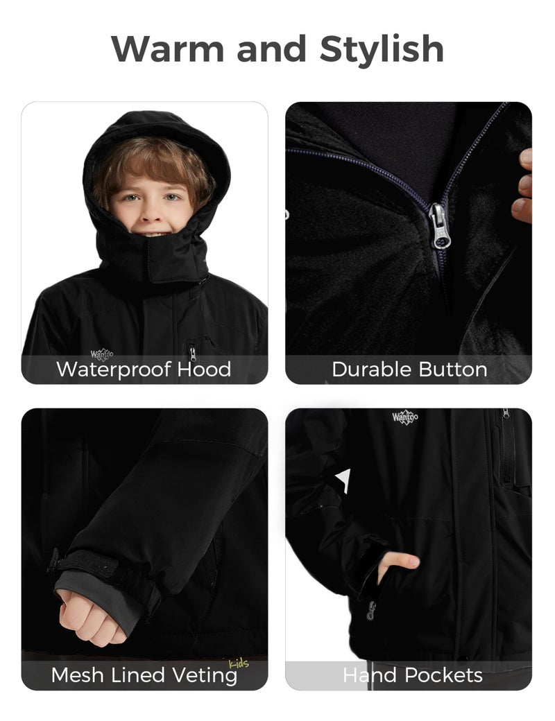 wantdo Big kid Boys' Fleece Winter Coats Waterproof Ski Jackets Warm Raincoat Black 10-12 - Image 5